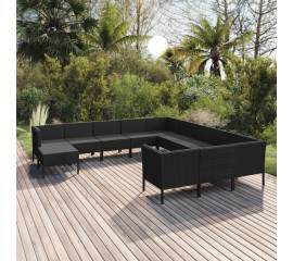 Set mobilier de grădină cu perne, 12 piese, negru, poliratan