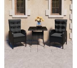 Set mobilier de grădină, 3 piese, negru, poliratan și sticlă