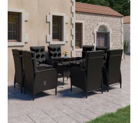 Set mobilier de grădină, 9 piese, negru, poliratan & sticlă