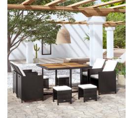 Set mobilier de exterior, 9 piese negru, poliratan, lemn acacia