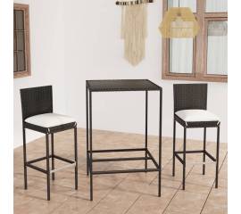 Set mobilier bar de grădină cu perne, 3 piese, negru, poliratan