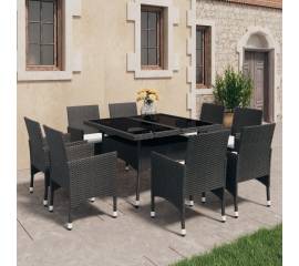 Set mobilier de grădină, 9 piese, negru, poliratan & sticlă