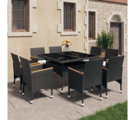 Set mobilier de grădină, 9 piese, negru, poliratan, lemn acacia