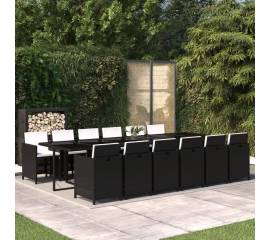 Set mobilier de grădină cu perne, 13 piese, negru, poliratan