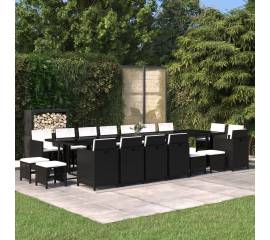 Set mobilier de grădină cu perne, 19 piese, negru, poliratan