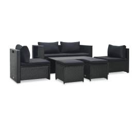 Set mobilier de grădină cu perne, 6 piese, negru, poliratan