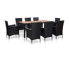 Set mobilier de exterior cu perne, 9 piese, negru, poliratan