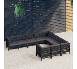 Set mobilier grădină cu perne, 10 piese, negru, lemn de pin