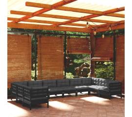Set mobilier grădină cu perne, 10 piese, negru, lemn de pin