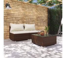 Set mobilier de grădină cu perne, 3 piese, maro, poliratan