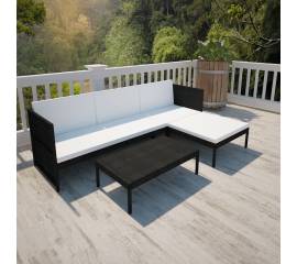 Set mobilier de grădină cu perne, 3 piese, negru, poliratan