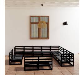 Set mobilier de grădină, 13 piese, negru, lemn masiv pin