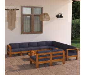 Set mobilier grădină perne gri închis, 10 piese, lemn acacia