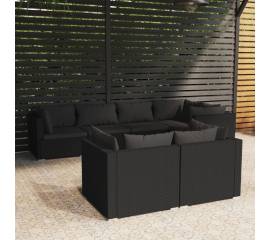 Set mobilier de grădină cu perne, 7 piese, negru, poliratan