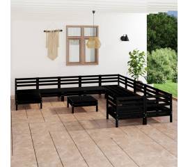 Set mobilier de grădină, 12 piese, negru, lemn masiv de pin