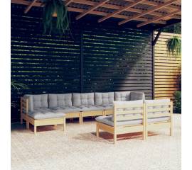 Set mobilier grădină cu perne gri, 9 piese, lemn de pin