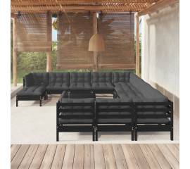 Set mobilier grădină cu perne, 13 piese, negru, lemn de pin