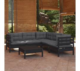 Set mobilier grădină cu perne, 6 piese, negru, lemn de pin