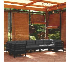 Set mobilier grădină cu perne, 7 piese, negru, lemn de pin