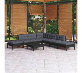 Set mobilier grădină cu perne, 8 piese, negru, lemn de pin