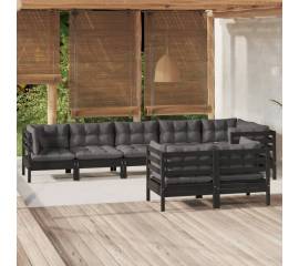 Set mobilier grădină cu perne, 8 piese, negru, lemn masiv pin