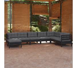 Set mobilier grădină cu perne, 8 piese, negru, lemn masiv pin