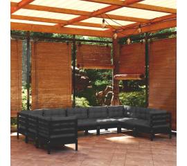 Set mobilier grădină cu perne, 9 piese, negru, lemn de pin
