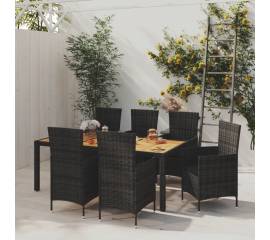 Set mobilier de exterior cu perne, 7 piese, negru, poliratan