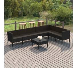 Set mobilier de grădină cu perne, 8 piese, negru, poliratan