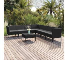 Set mobilier de grădină cu perne, 8 piese, negru, poliratan