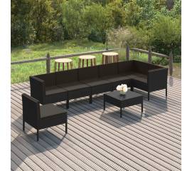 Set mobilier de grădină cu perne, 8 piese, negru, poliratan