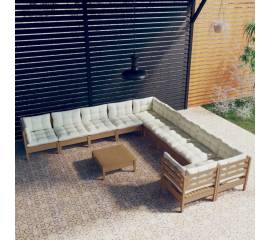 Set mobilier grădină cu perne, 11 piese, maro miere, lemn pin