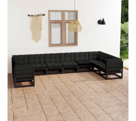 Set mobilier grădină cu perne, 10 piese, negru, lemn masiv pin