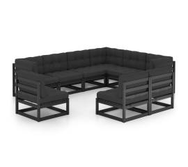 Set mobilier grădină cu perne, 9 piese, negru, lemn masiv pin