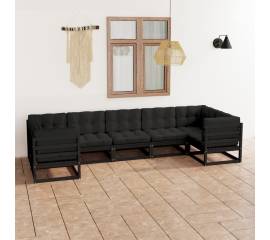 Set mobilier grădină cu perne, 7 piese, negru, lemn masiv pin