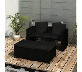 Set mobilier de grădină cu perne, 3 piese, negru, poliratan