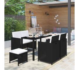 Set mobilier de exterior cu perne, 6 piese, negru, poliratan