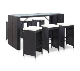 Set mobilier bar de grădină cu perne, 7 piese, negru, poliratan