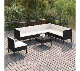 Set mobilier de grădină cu perne, 8 piese, negru, poliratan