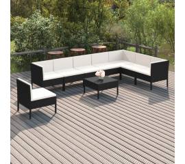 Set mobilier de grădină cu perne, 9 piese, negru, poliratan