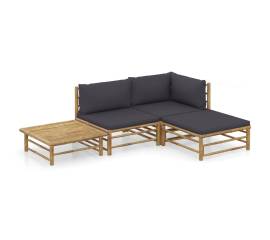Set mobilier de grădină, 4 piese, perne gri închis, bambus
