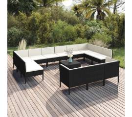 Set mobilier de grădină cu perne, 14 piese, negru, poliratan