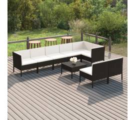 Set mobilier de grădină cu perne, 9 piese, negru, poliratan