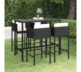 Set mobilier bar de grădină cu perne, 5 piese, negru, poliratan