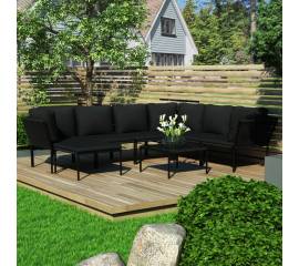 Set mobilier de grădină cu perne, 8 piese, negru, pvc