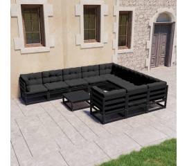 Set mobilier grădină cu perne, 11 piese, negru, lemn masiv pin