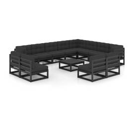 Set mobilier grădină cu perne, 13 piese, negru, lemn masiv pin