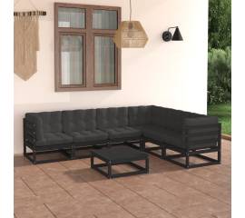 Set mobilier grădină cu perne, 7 piese, negru, lemn masiv pin