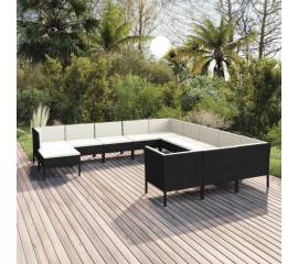 Set mobilier de grădină cu perne, 12 piese, negru, poliratan