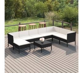 Set mobilier de grădină cu perne, 9 piese, negru, poliratan